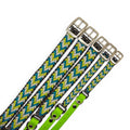 Ponies and Pups Wilmington handmade braided dog collars in teal, lime green, white, and grey with silver buckles and neon green BioThane.