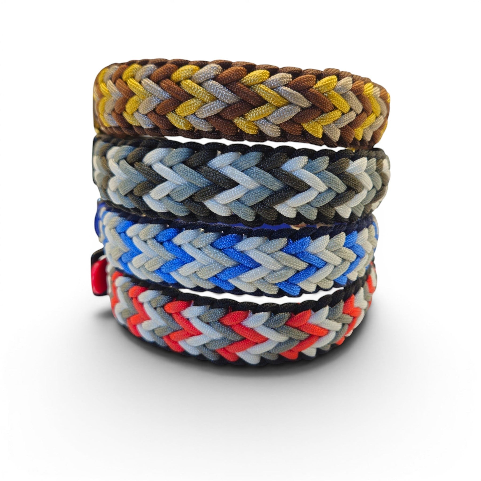 Ponies and Pups Wilmington handmade braided dog collars in brown, grey, blue, and red colorways. Weatherproof BioThane & rope.