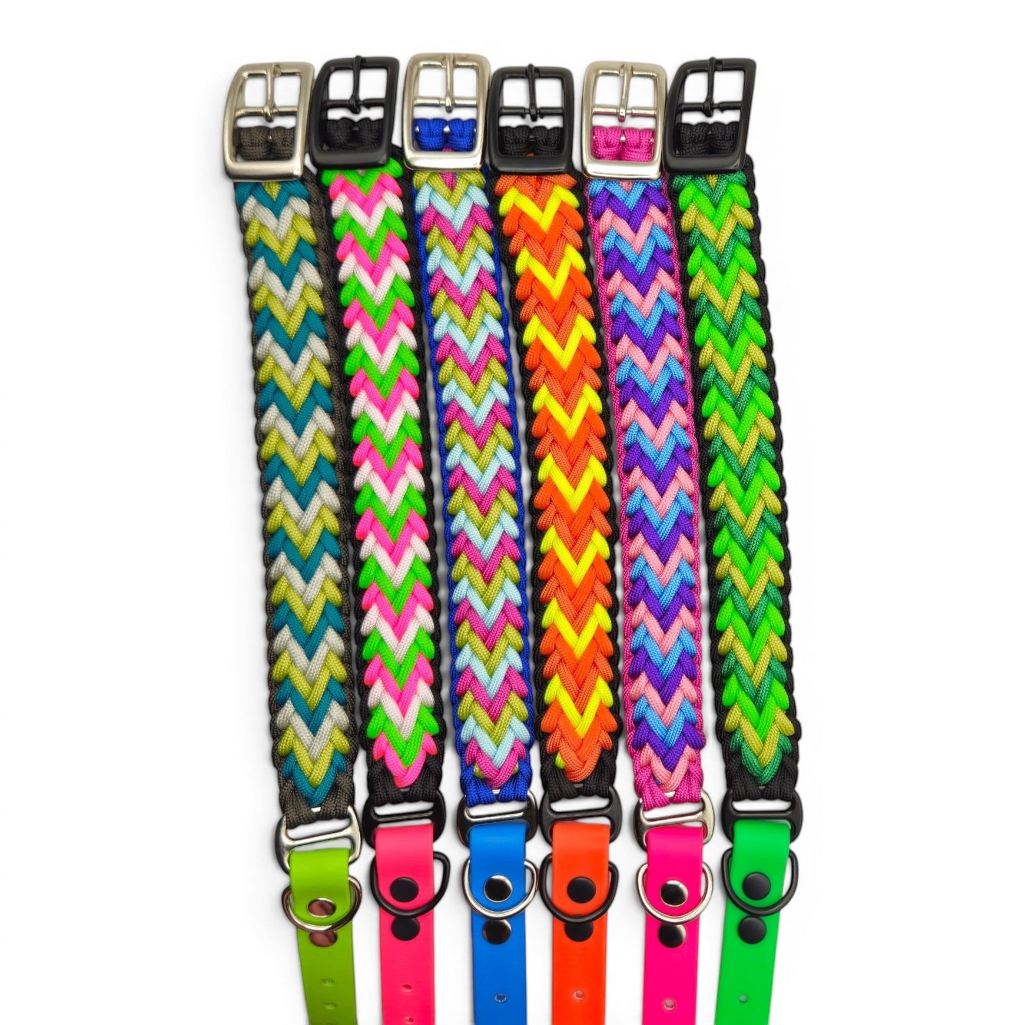 Ponies and Pups handmade braided dog collars in various bright colors, made from weatherproof BioThane and rope.