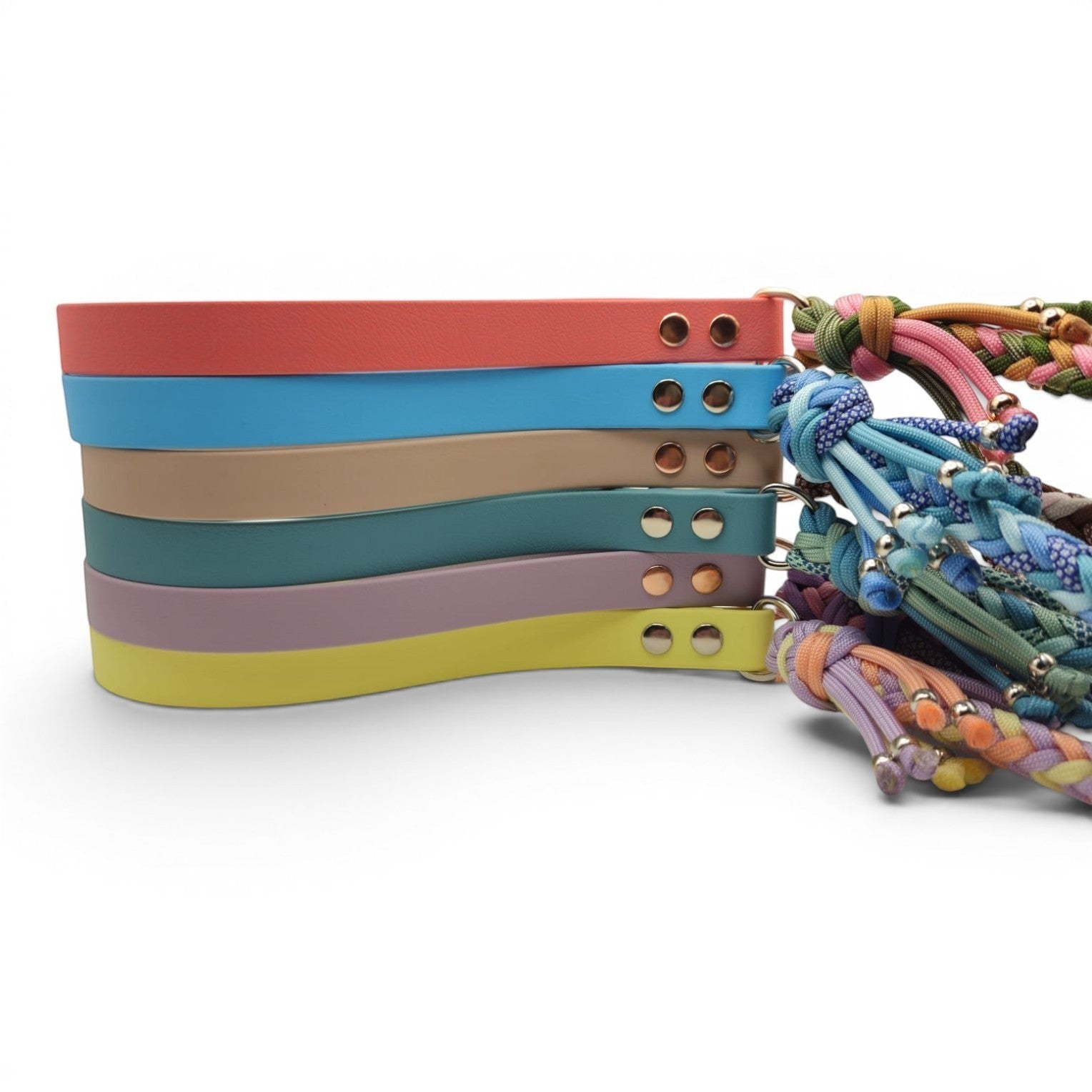 Ponies and Pups handmade braided dog leads in coral, blue, tan, teal, lilac, and yellow BioThane with colourful paracord ends.