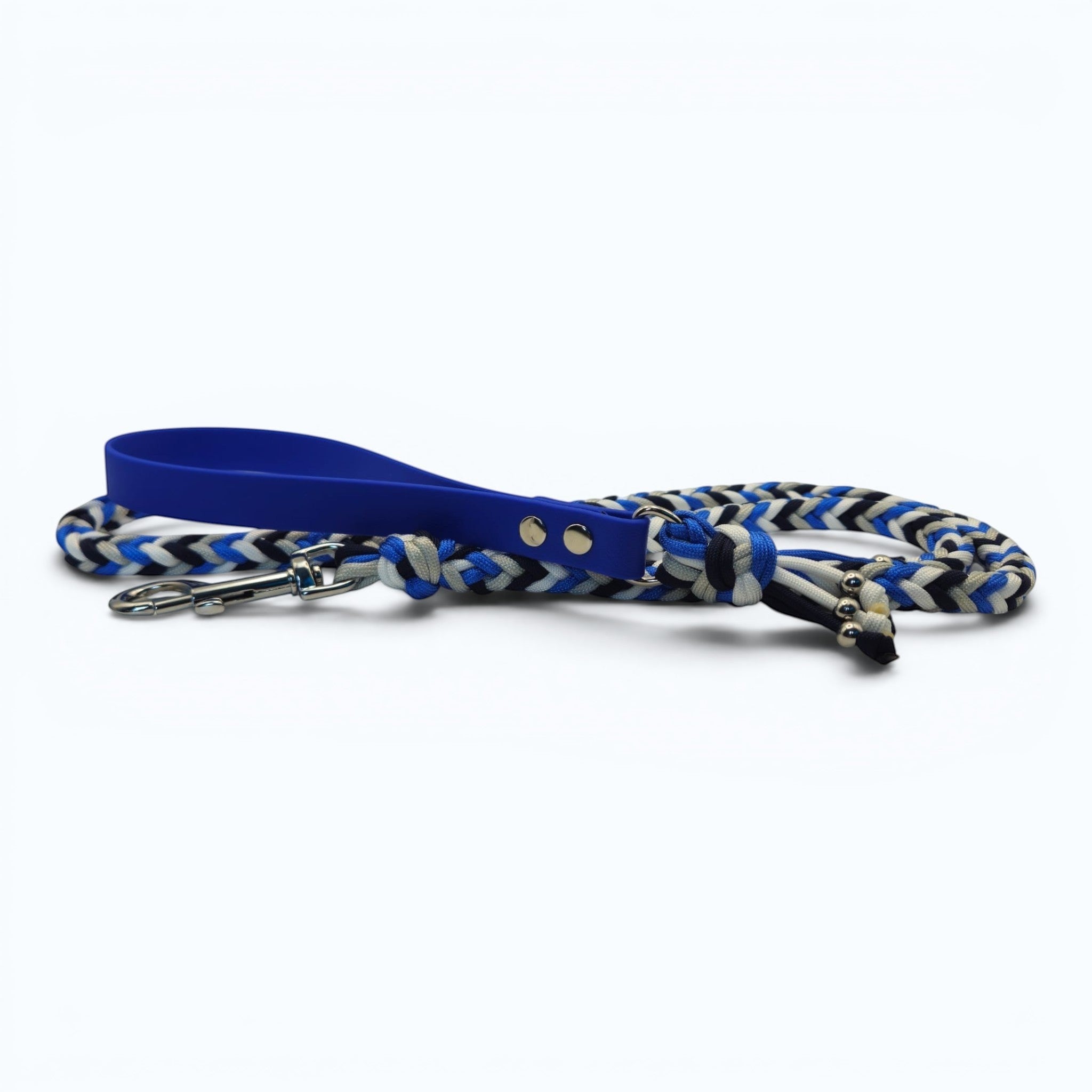 Ponies and Pups blue, black, and grey braided dog lead with a weatherproof BioThane handle and metal snap hook.