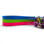 Ponies and Pups handmade braided dog lead in blue, green, and pink BioThane with colourful paracord detail and metal snap hook.