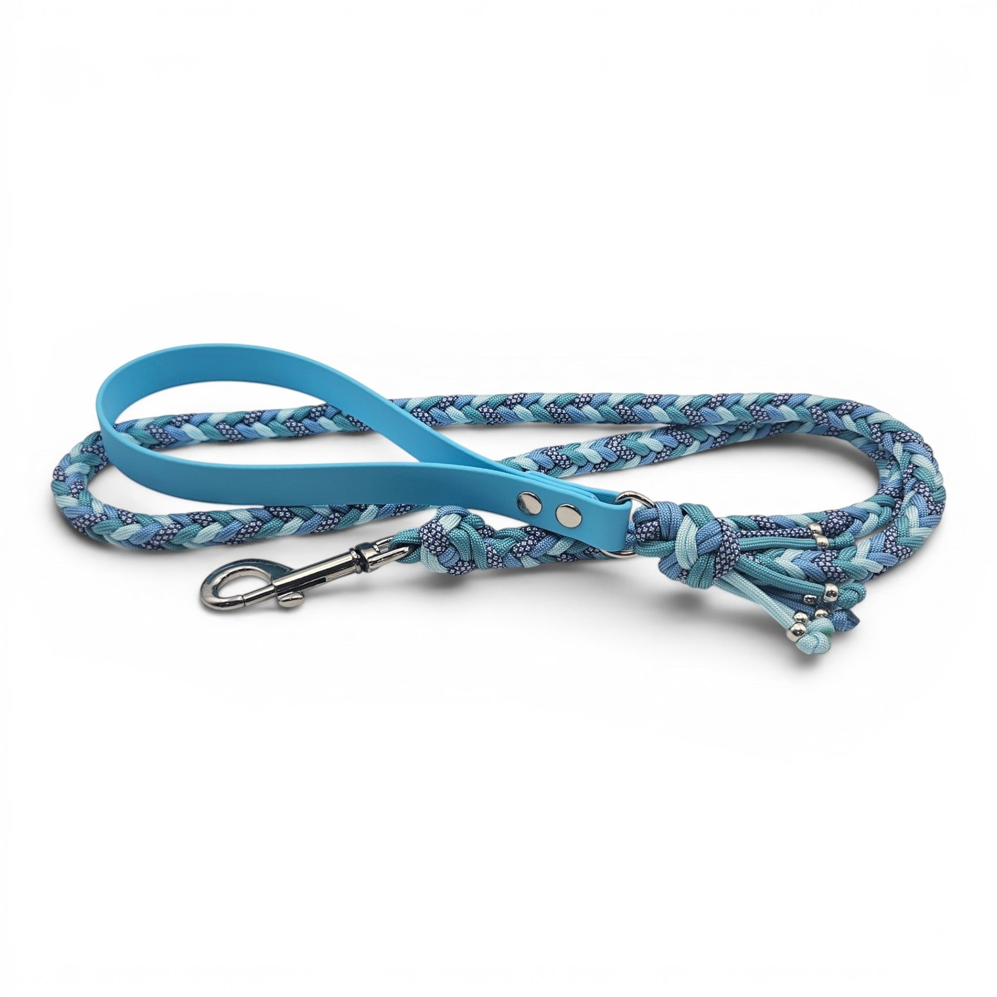Ponies and Pups blue braided dog lead with turquoise BioThane handle and silver snap hook