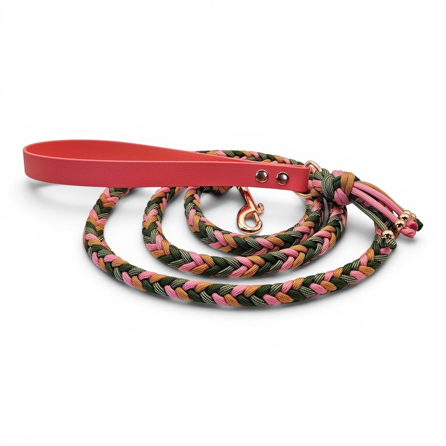 Ponies and Pups Wilmington handmade braided dog lead with coral BioThane handle and multicoloured rope