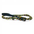 Ponies and Pups handmade braided dog lead in green, yellow, and grey with a dark green BioThane handle and brass snap hook.
