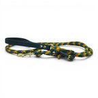 Ponies and Pups handmade braided dog lead in green, yellow, and grey with a dark green BioThane handle and brass snap hook.