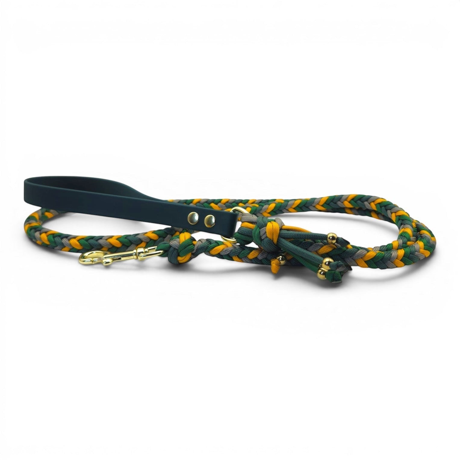 Ponies and Pups handmade braided dog lead in green, yellow, and grey with a dark green BioThane handle and brass snap hook.