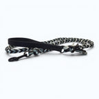 Ponies and Pups Wilmington handmade braided dog lead with black BioThane handle and metal snap hook. Grey, black, and white rope.