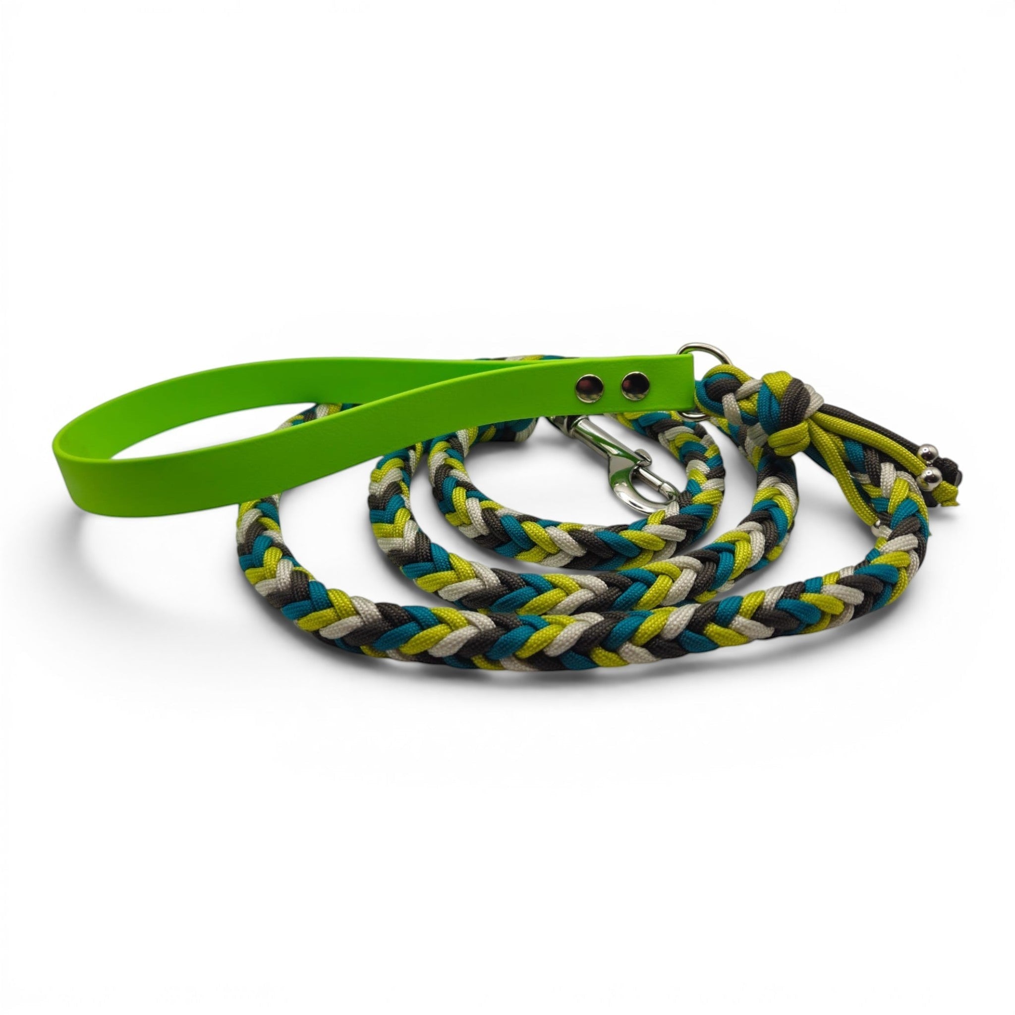 Ponies and Pups handmade braided dog lead with lime green BioThane handle and multi-color rope.