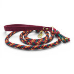 Ponies and Pups handmade braided dog lead with maroon BioThane handle and colourful rope. Features brass hardware.