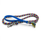 Ponies and Pups handmade braided dog lead with blue BioThane handle, colourful rope and metal snap hook.