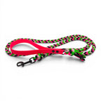 Ponies and Pups handmade braided dog lead with neon pink BioThane handle and black, neon green, and white paracord. Features a metal snap hook.