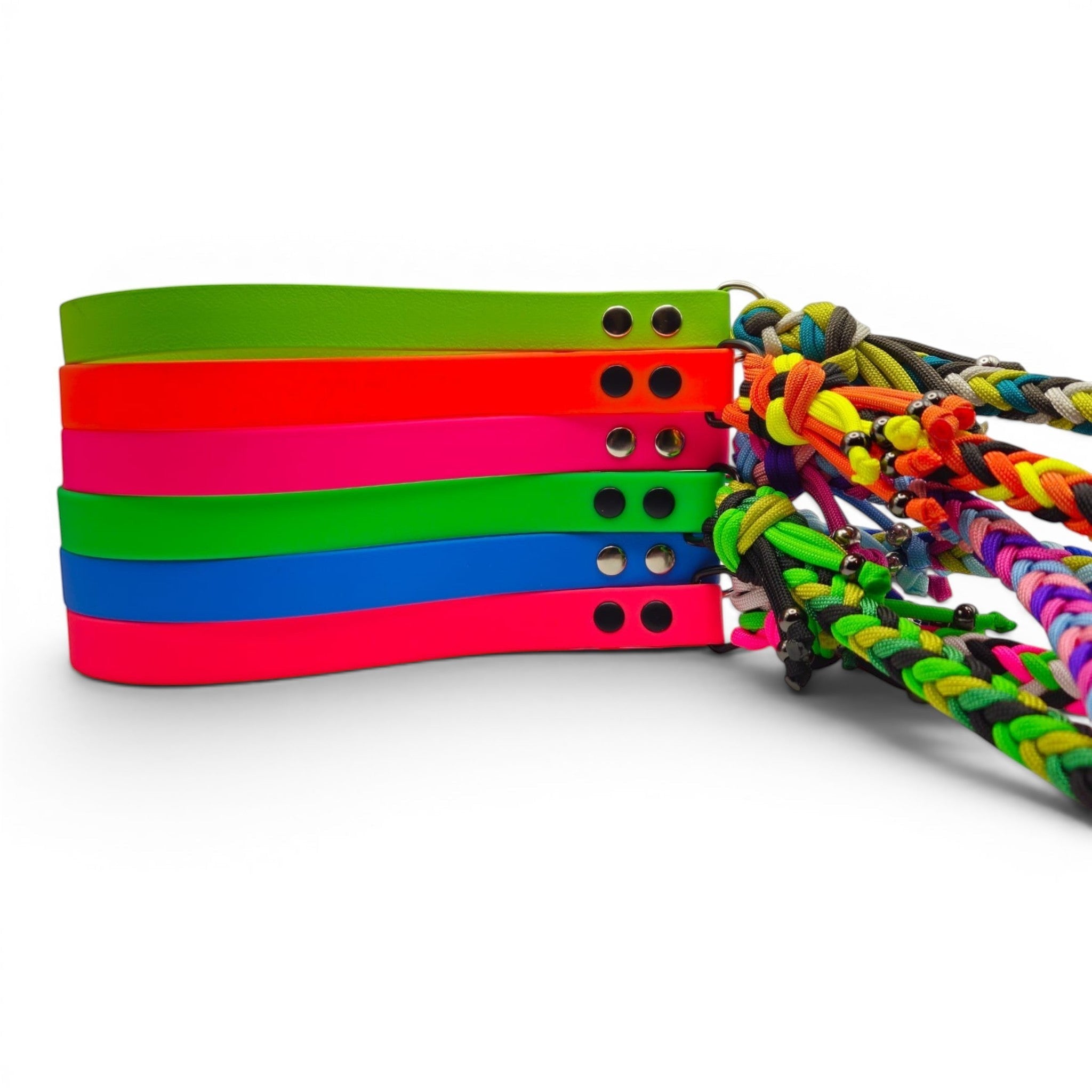 Handmade braided paracord dog lead with a BioThane handle, made to order in 21+ curated colourways (shown with a neon handle).