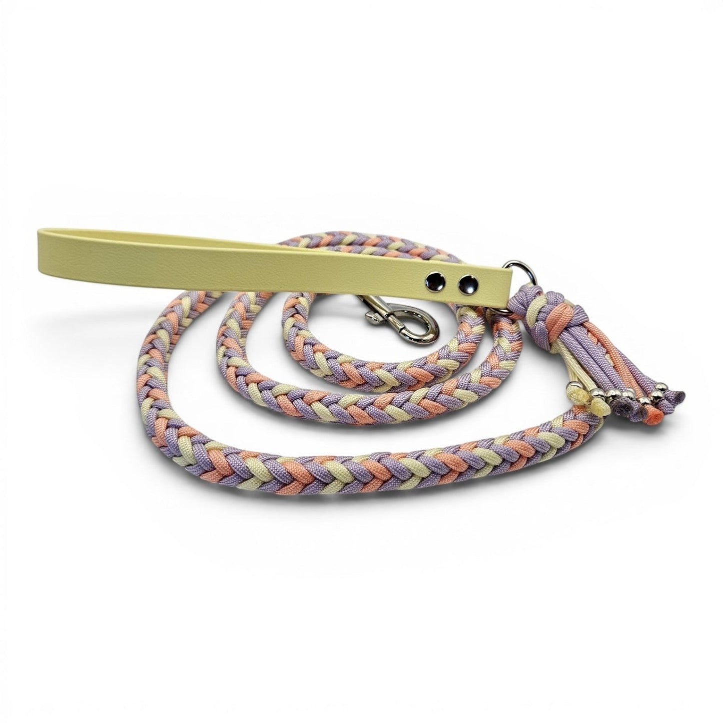 Ponies and Pups pastel braided dog lead with yellow BioThane handle and metal snap hook.