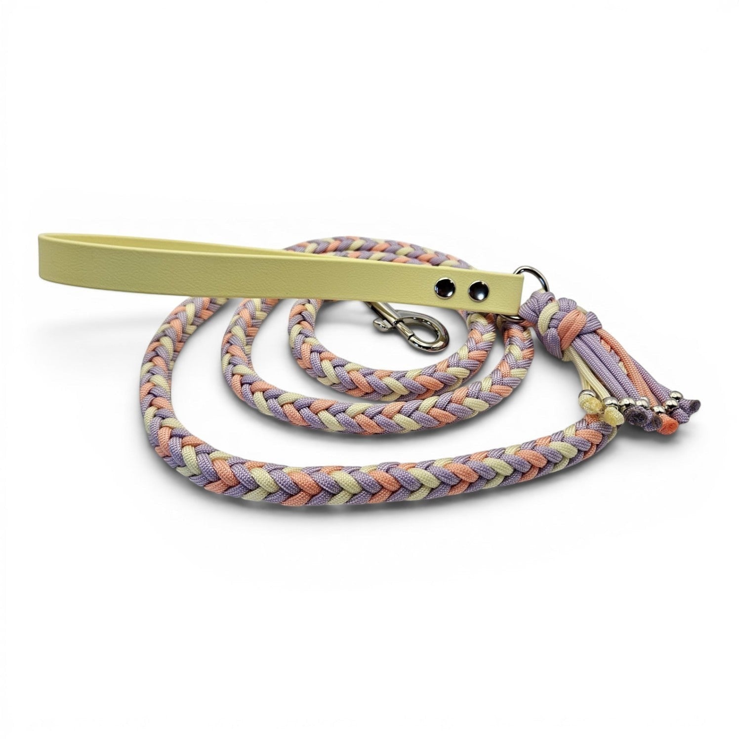 Ponies and Pups pastel braided dog lead with yellow BioThane handle and metal snap hook.