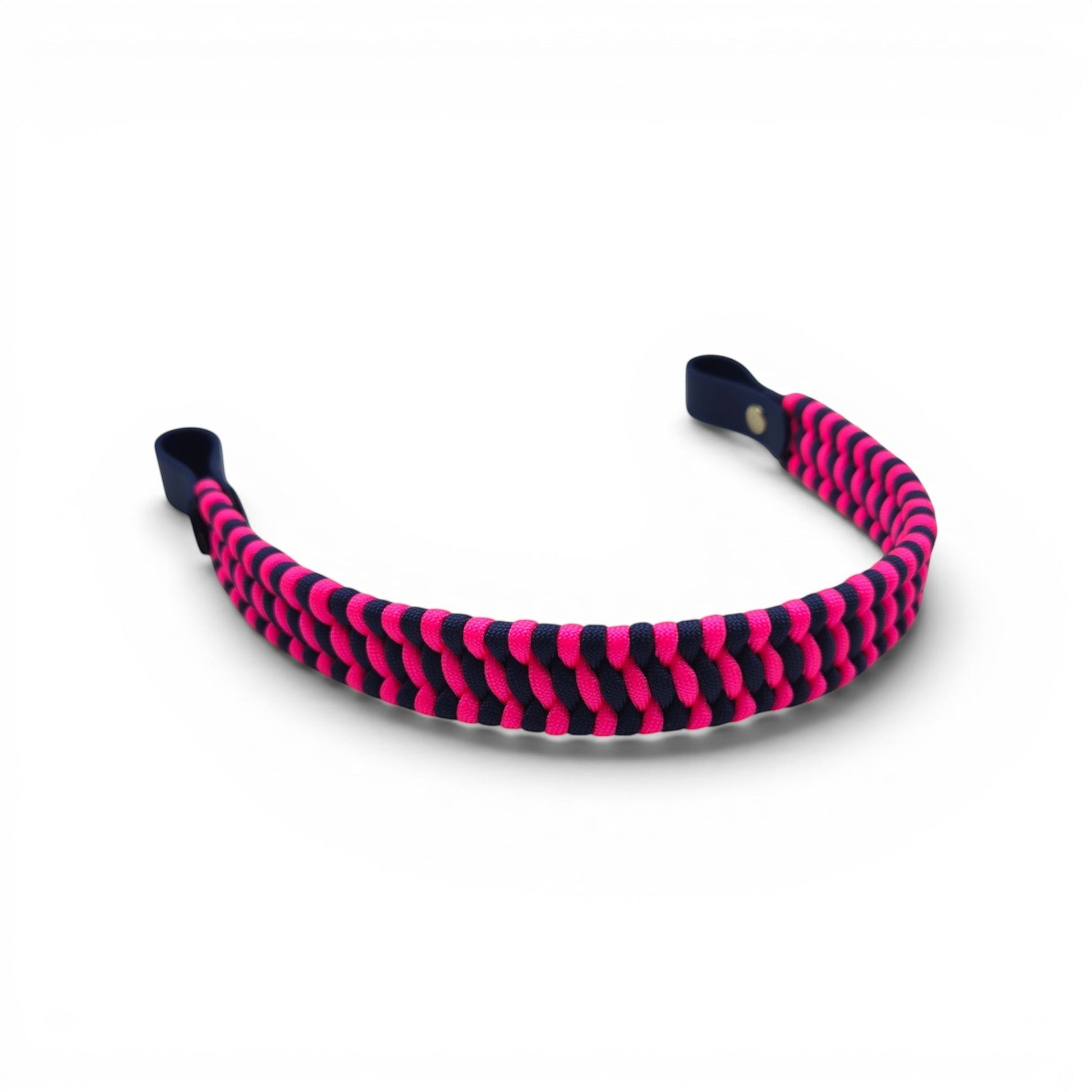 Ponies and Pups flat hunter style browband in braided navy and hot pink paracord with durable BioThane loops.