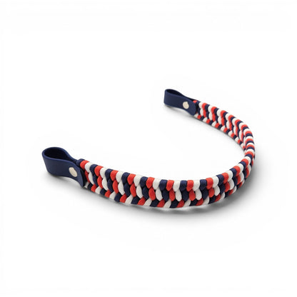 Ponies and Pups flat hunter style browband in red, white, and navy paracord with durable BioThane loops.