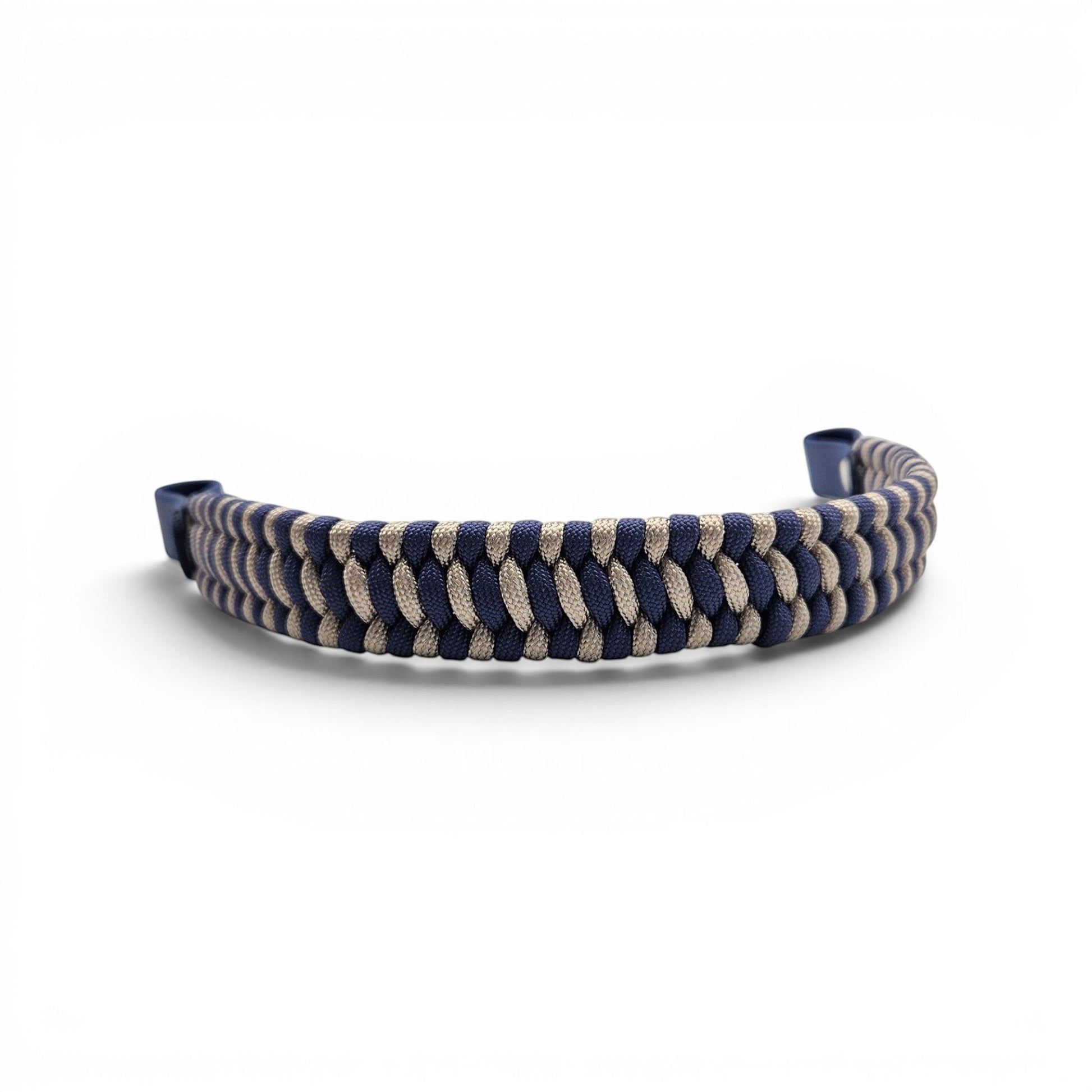 Ponies and Pups flat hunter style browband featuring a blue and beige braided paracord design with durable BioThane loops.