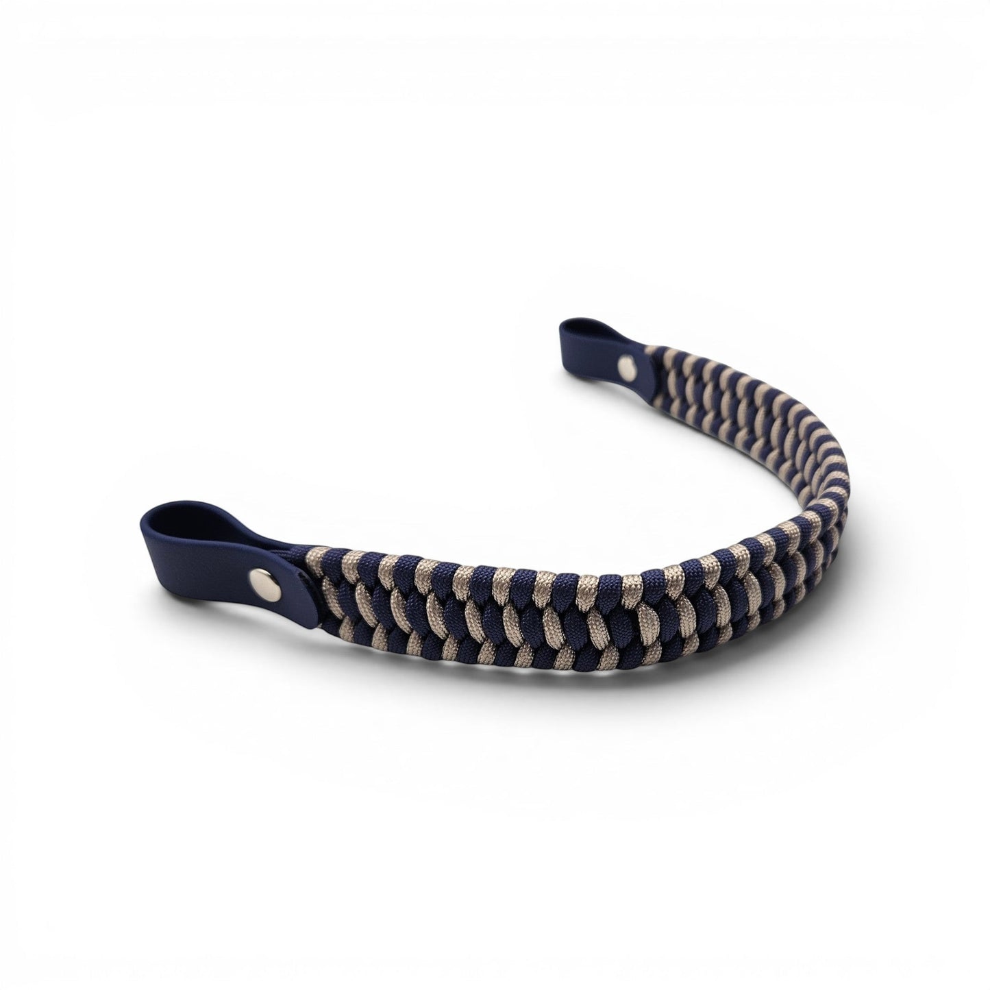 Ponies and Pups flat hunter style browband in navy and beige braided paracord with durable BioThane loops.