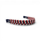 Ponies and Pups flat hunter style browband featuring a red, white, and blue braided paracord design with navy BioThane loops.