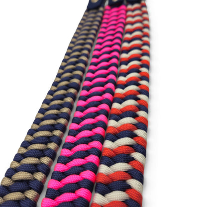 Ponies and Pups flat hunter style braided browbands in various paracord colour combinations with durable BioThane loops.