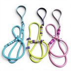 Handmade luxury slip lead with a double-stop safety system, silky rope and a waterproof BioThane handle (shown in blue, lime green and pink).