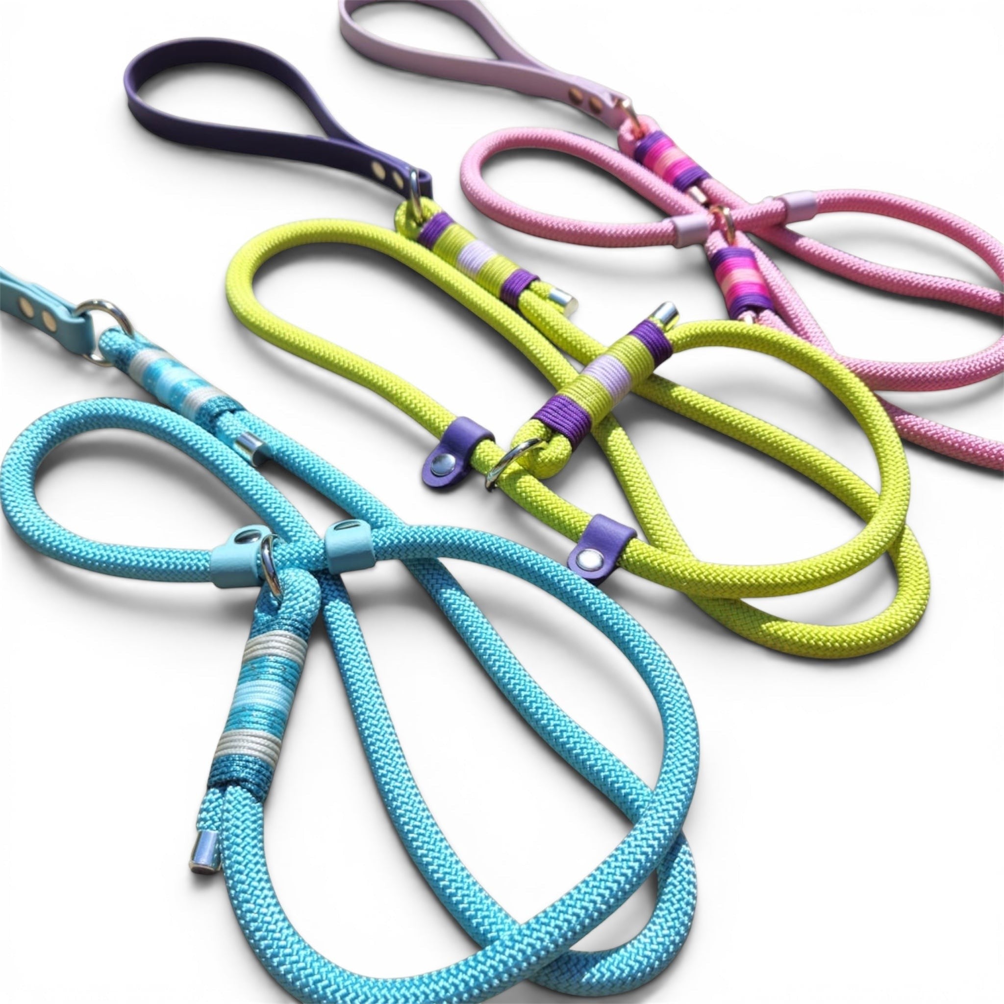 Ponies and Pups luxury custom slip leads in blue, lime green, and pink with BioThane handles and paracord detailing.