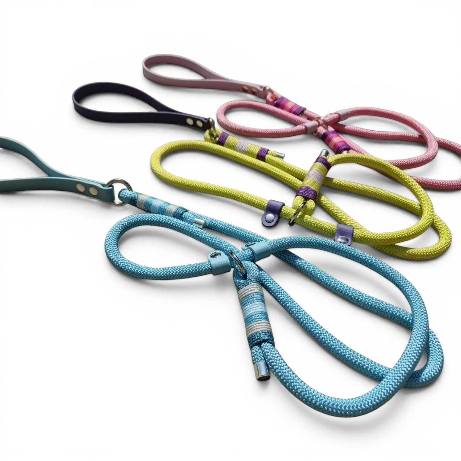 Ponies and Pups luxury custom slip leads in blue, lime green, and pink with BioThane handles and decorative paracord.