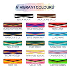 Ponies and Pups Firle dog collar: weatherproof BioThane with braided paracord in 17 vibrant colours. Shown in Black Moor, Chocolate Gold, Burgundy Dream, Wild Foxglove, Red Ember, Harbour Blue, Blue Raspberry, Cloud Nine, Teal Storm, Ever Green, Turquoise Tide, Plum Harvest, Primrose Bloom, Lavender Haze, Foxy Fire, Melon Fizz, Electric Green.