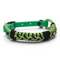 Ponies and Pups Firle dog collar with green BioThane strap and braided black, lime green, and yellow paracord.