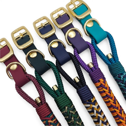 Ponies and Pups Firle dog collar with braided paracord and weatherproof BioThane strap in multiple colors.
