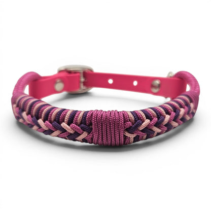 Ponies and Pups Firle dog collar with pink BioThane and braided paracord in pink, purple, and tan.