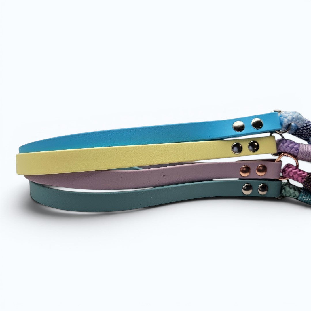 Ponies and Pups Firle dog lead in blue, yellow, purple, and teal BioThane with braided rope detail.