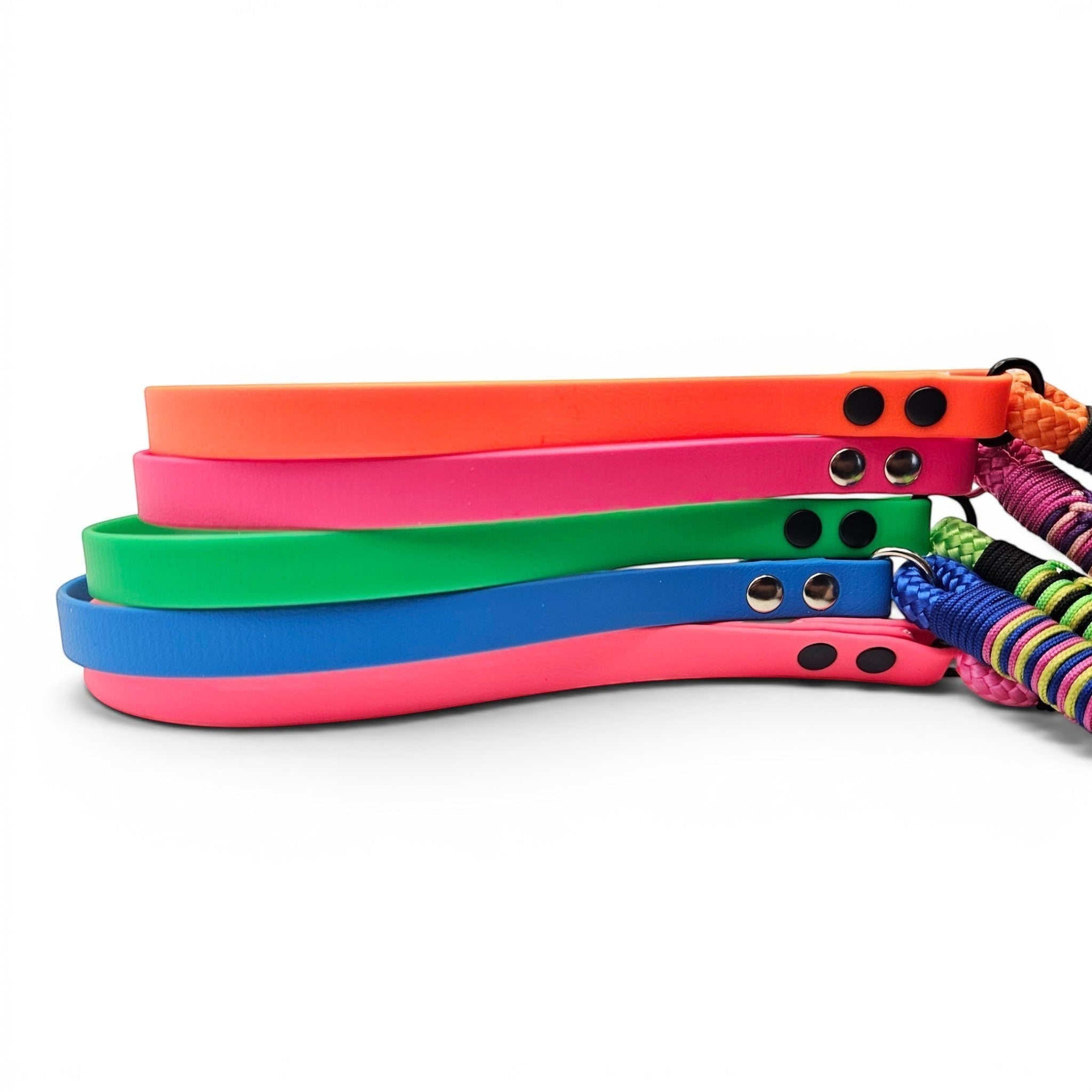 Ponies and Pups Firle dog leads in orange, pink, green, and blue BioThane with braided rope detail and metal hardware.
