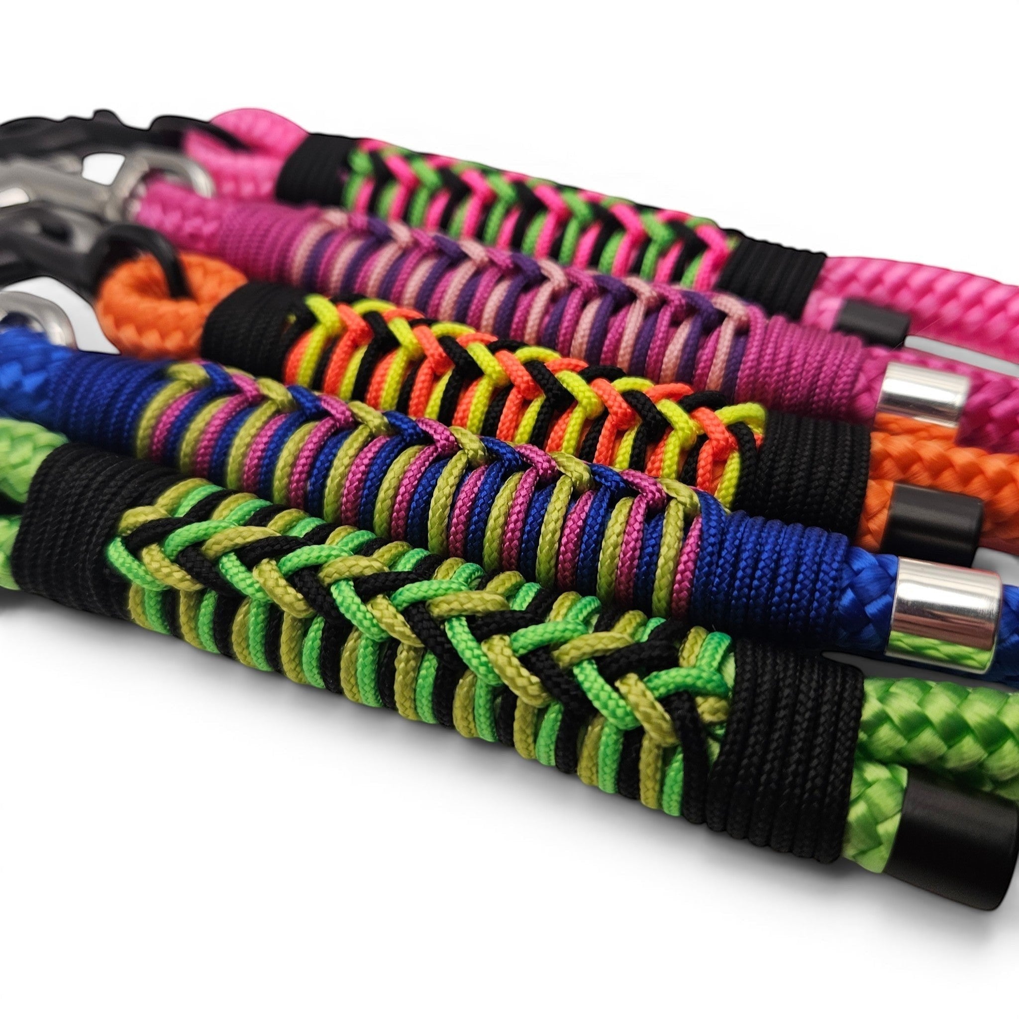Ponies and Pups Firle dog lead with braided rope detail in green, blue, orange, pink, and purple with silver hardware.