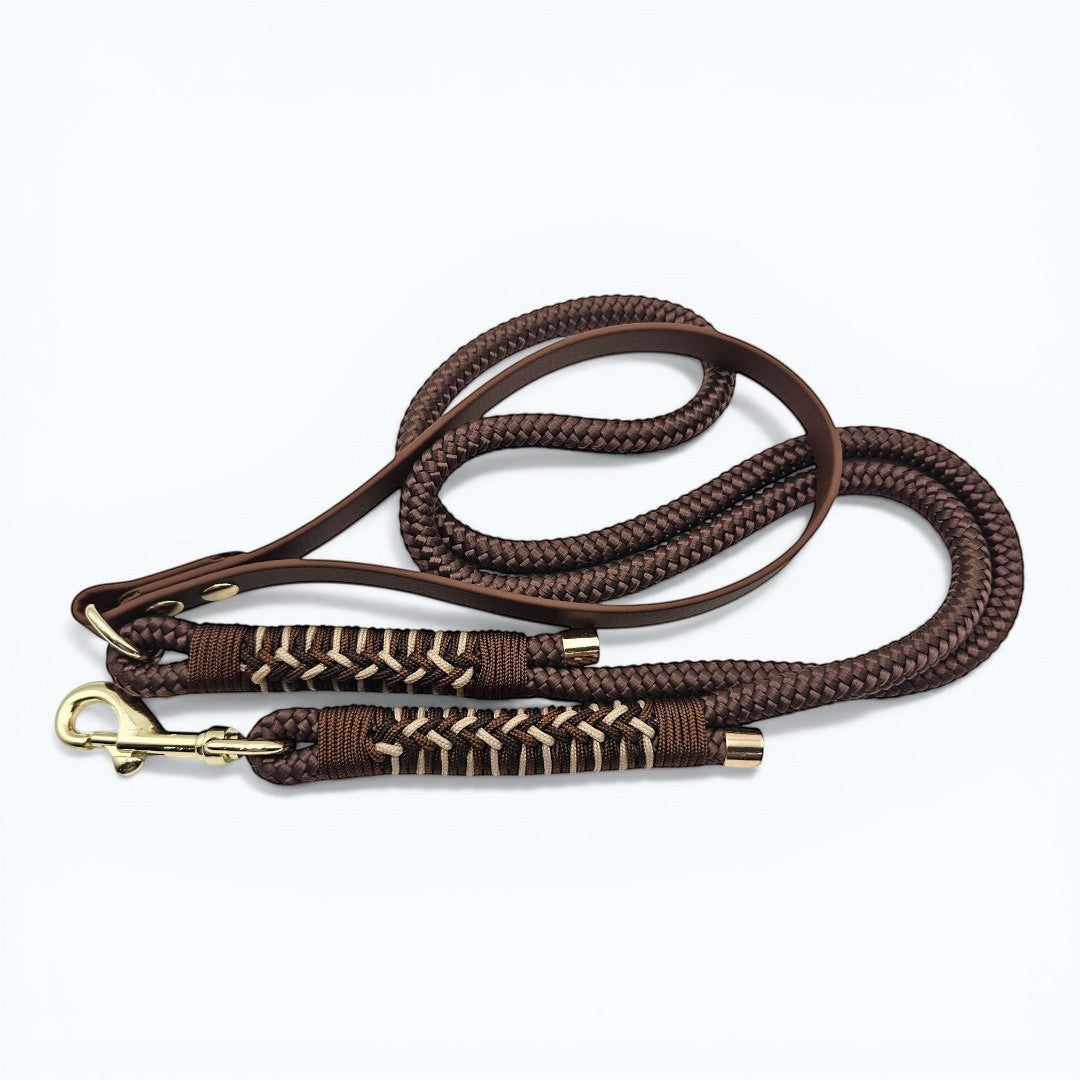 Ponies and Pups Firle dog lead in dark brown with braided detail and brass hardware. Features a BioThane handle and PPM rope.