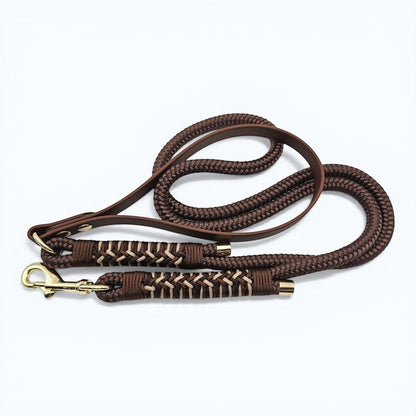 Ponies and Pups Firle dog lead in dark brown with braided detail and brass hardware. Features a BioThane handle and PPM rope.