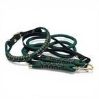 Ponies and Pups Firle dog lead in dark green with braided detail and gold hardware. Features BioThane handle and PPM rope.