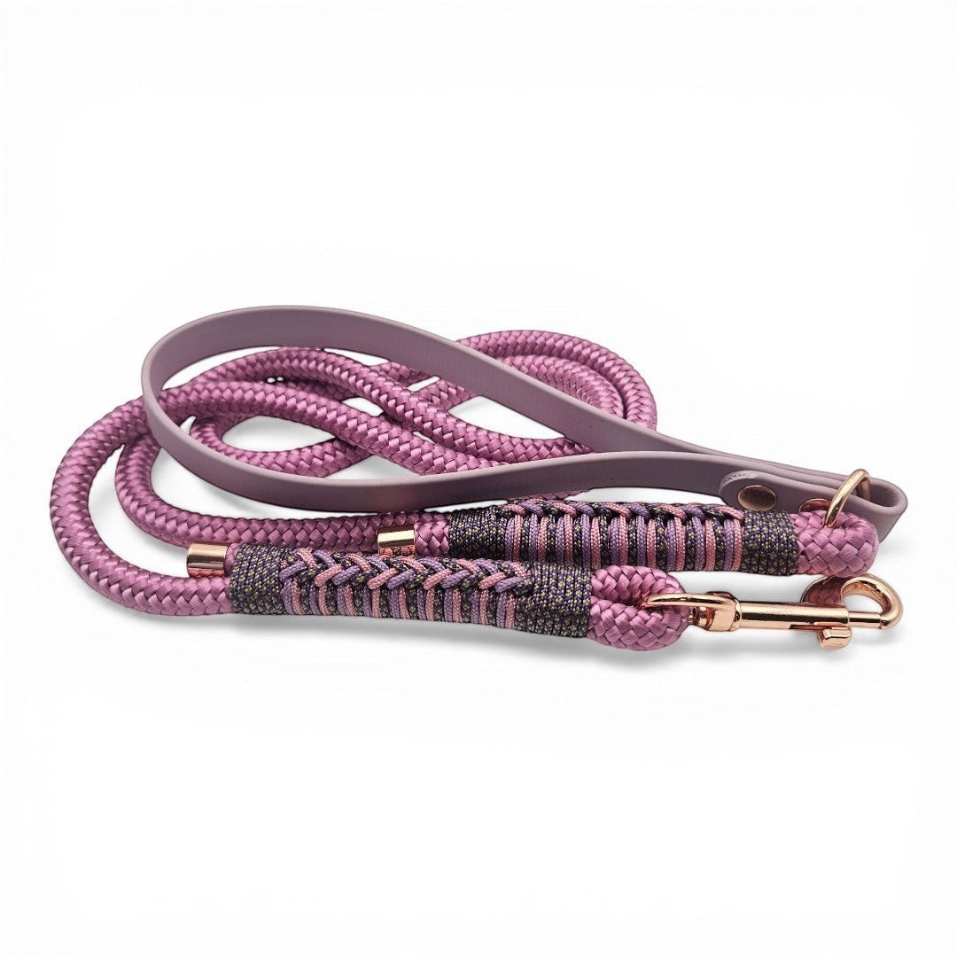 Ponies and Pups Firle dog lead in mauve, featuring a BioThane handle and braided PPM rope with herringbone detailing.