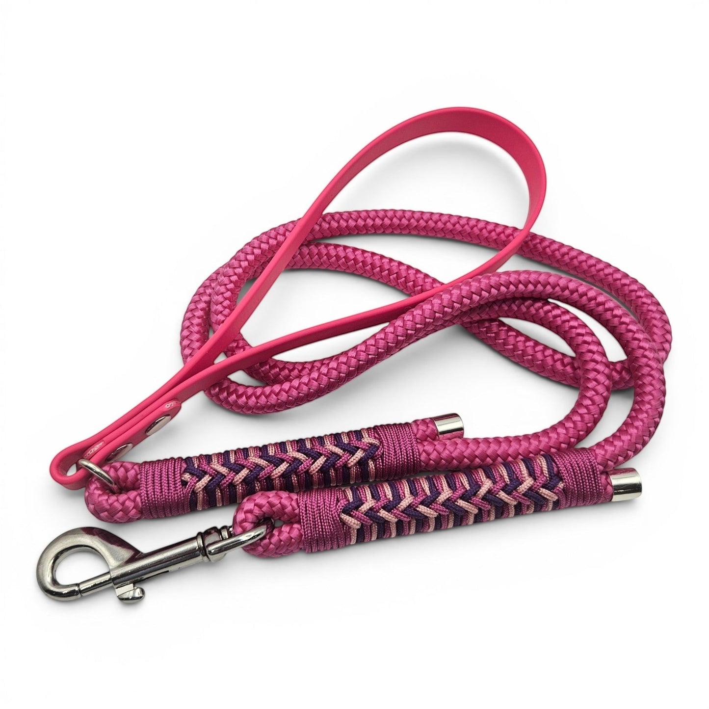 Ponies and Pups Firle dog lead in pink, featuring a BioThane handle and braided rope with herringbone detailing.