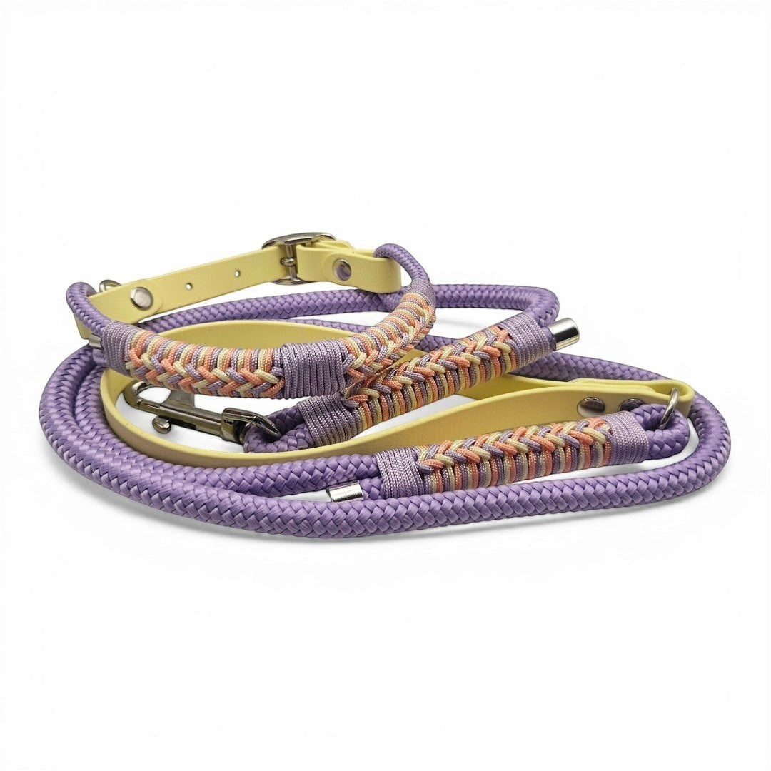 Ponies and Pups Firle dog lead with yellow BioThane handle and purple braided rope with herringbone detail.