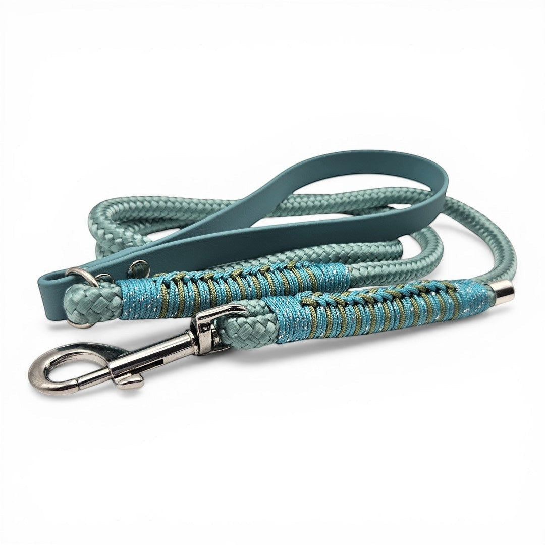 Ponies and Pups Firle dog lead in teal with braided detail and silver hardware. Features a BioThane handle and PPM rope.