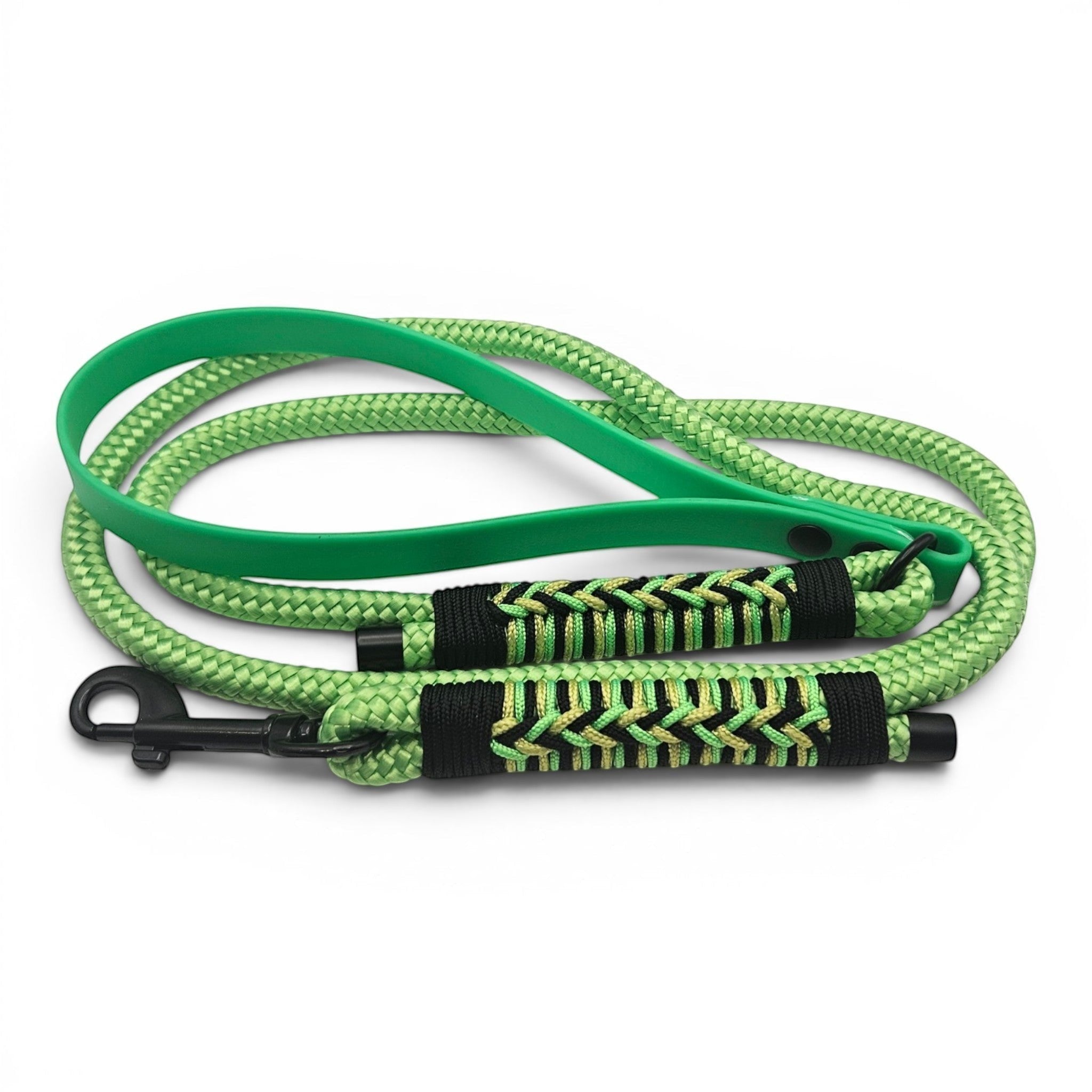 Ponies and Pups green BioThane and braided rope dog lead with herringbone detail and black snap hook.