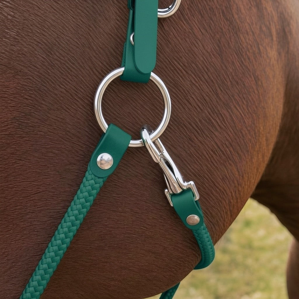 Ponies and Pups emerald green waterproof BioThane and braided rope horse headcollar with stainless steel hardware