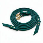 Ponies and Pups emerald green rope split reins with durable BioThane ends and gold swivel clips for horse riding.