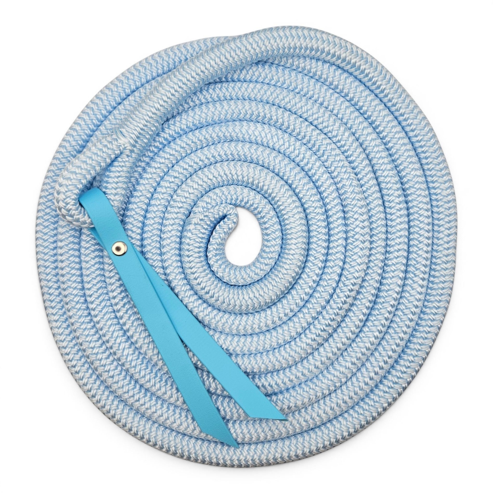 Ponies and Pups 15ft light blue and white braided rope with a turquoise BioThane popper for groundwork