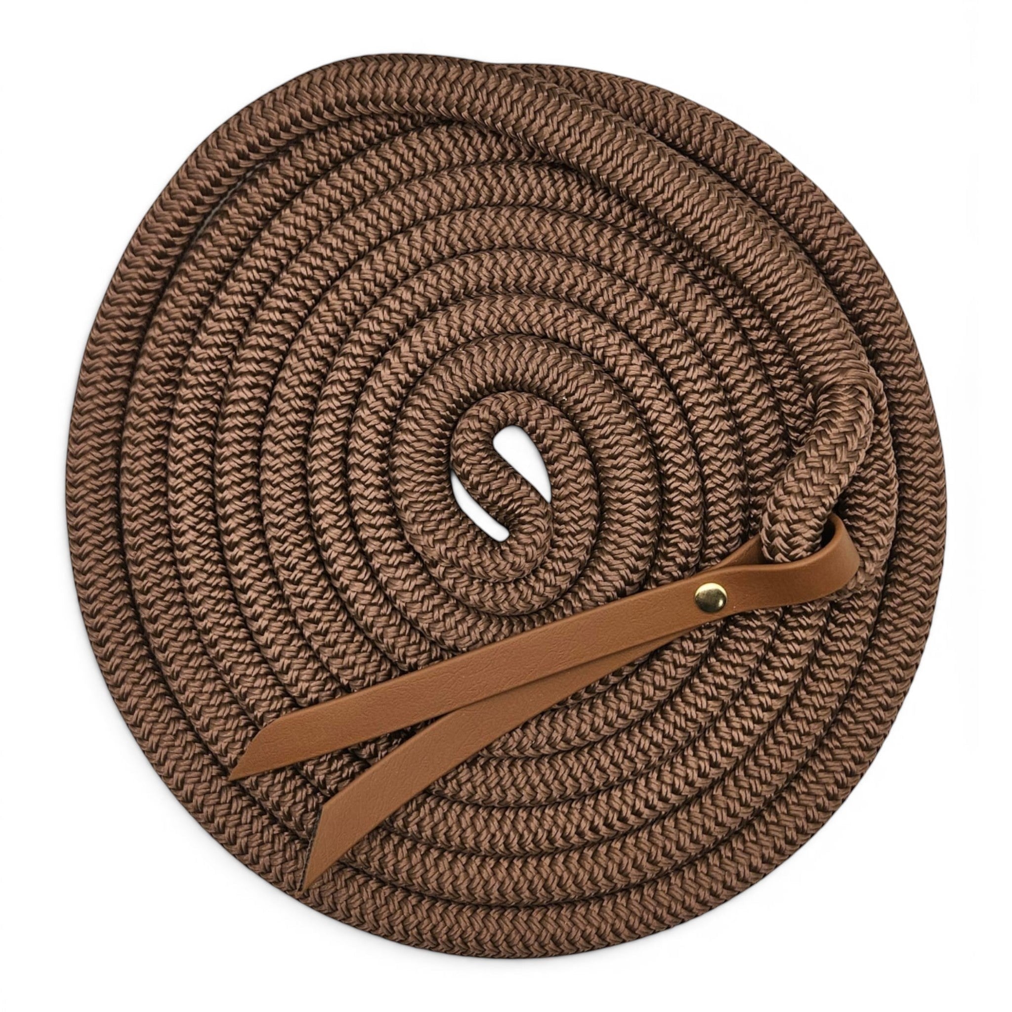 Ponies and Pups 15ft brown PPM double braid groundwork rope with BioThane popper and silent spliced eye halter end.