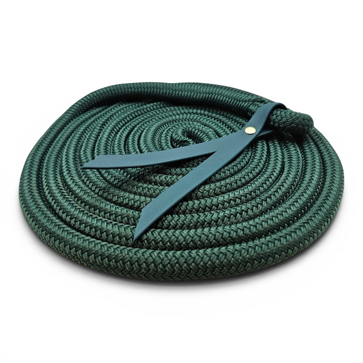 Ponies and Pups 15ft dark green PPM double braid groundwork rope with teal BioThane popper and silent spliced eye.