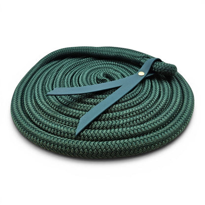 Ponies and Pups 15ft dark green PPM double braid groundwork rope with teal BioThane popper and silent spliced eye.