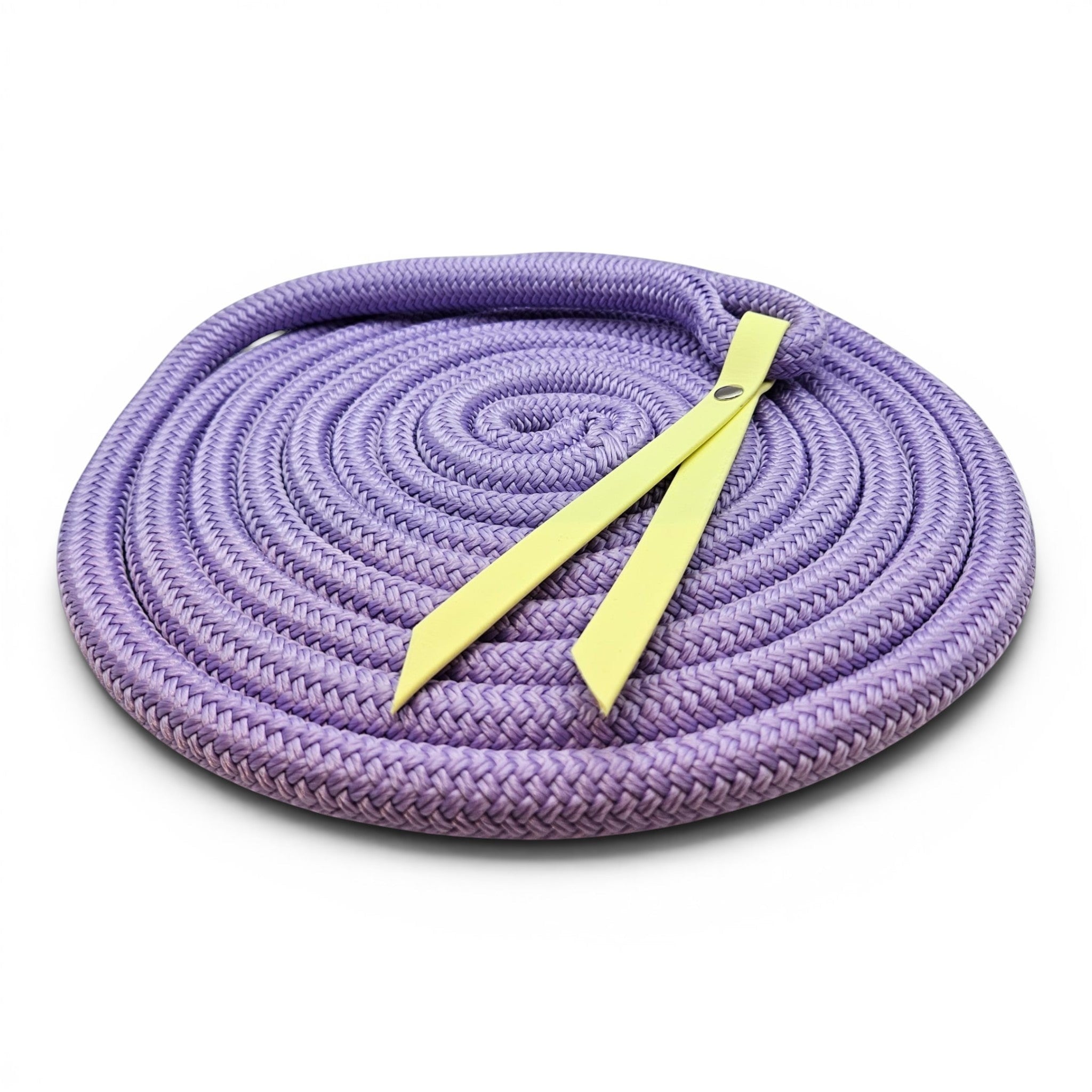 Handmade 15ft hand-spliced groundwork rope with a waterproof BioThane popper, made to order in 17+ curated colourways (shown in lavender with a yellow popper).
